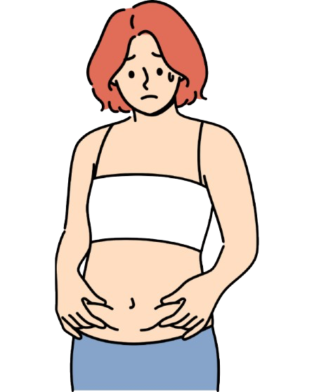 お腹まわりを気にし、少し困った表情の女性のイラスト
